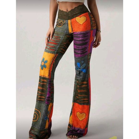 NWT Large Patchwork Print Pants Lace Waist Stretch Flares - Picture 5 of 7